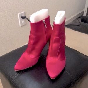 HOT PINK SATIN ANKLE BOOTS-STILETTO HEELS